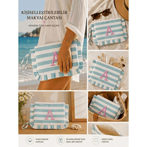 Beige & Stone Kişiye Özel Harf Detaylı Mavi Çizgili 17x29 Cm Volanlı Clutch & Portföy Çanta Kadın El Çantası
