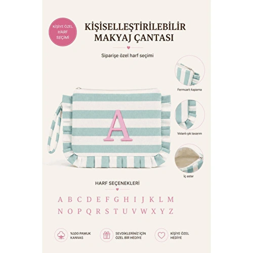 Beige & Stone Kişiye Özel Harf Detaylı Mavi Çizgili 17x29 Cm Volanlı Clutch & Portföy Çanta Kadın El Çantası