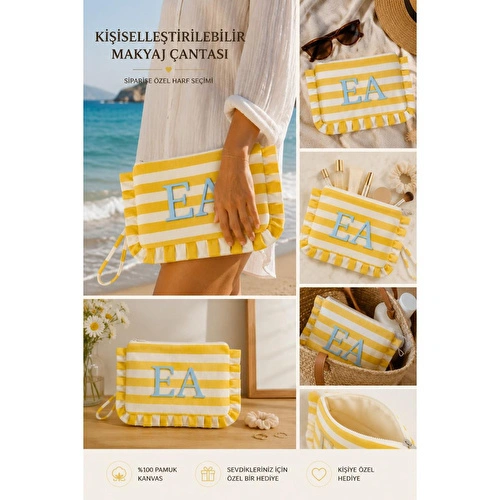 Beige & Stone Kişiye Özel Harf Detaylı Sarı Çizgili 17x29 Cm Volanlı Clutch & Portföy Çanta Kadın El Çantası