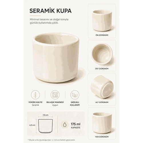 Beige & Stone 2'li Set Krem Seramik Kupa 175 Ml Minimal Kahve Kupası Çay Fincanı Espresso Ve Türk Kahvesi Bardağı