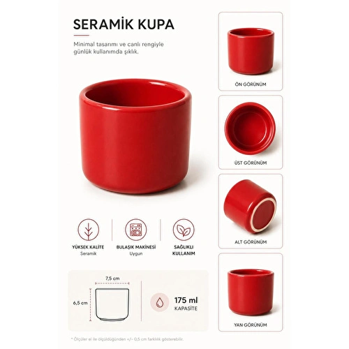 Beige & Stone 2'li Set Kırmızı Seramik Kupa 175 Ml Minimal Kahve Kupası Çay Fincanı Espresso Ve Türk Kahvesi Bardağı