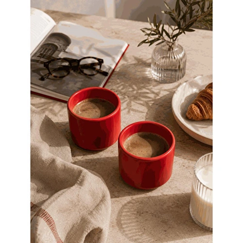 Beige & Stone 2'li Set Kırmızı Seramik Kupa 175 Ml Minimal Kahve Kupası Çay Fincanı Espresso Ve Türk Kahvesi Bardağı
