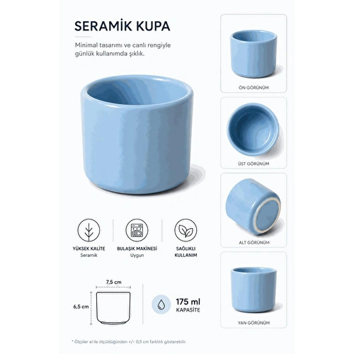 Beige & Stone 2'li Set Mavi Seramik Kupa 175 Ml Minimal Kahve Kupası Çay Fincanı Espresso Ve Türk Kahvesi Bardağı