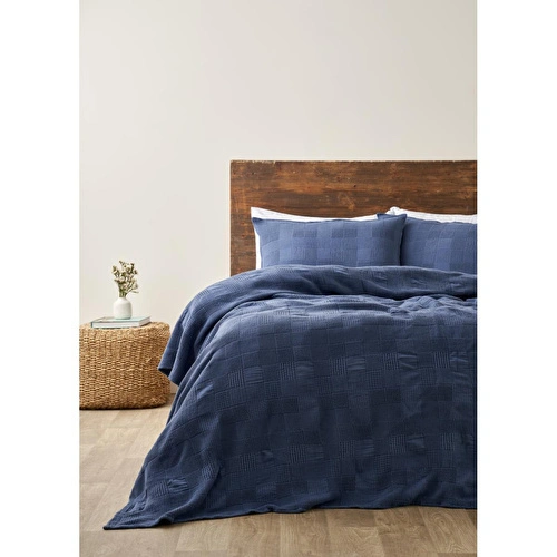 Bella Maison Block Pamuklu Jakarlı Çift Kişilik Yatak Örtüsü Seti Lacivert (240x260 Cm) Lacivert