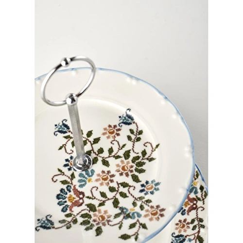 Bella Maison Vintage 2 Katlı Porselen Kurabiyelik Mavi (25x25 Cm) Mavi