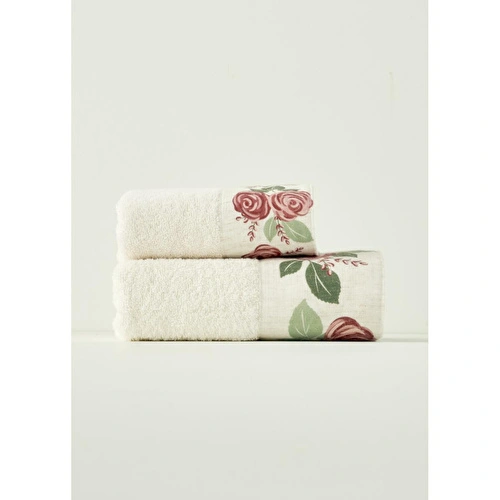 Bella Maison %100 Pamuk Rose Baskılı Yüz Havlusu Krem (50x90 Cm) Krem