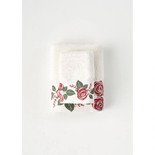 Bella Maison %100 Pamuk Rose Baskılı Yüz Havlusu Krem (50x90 Cm) Krem