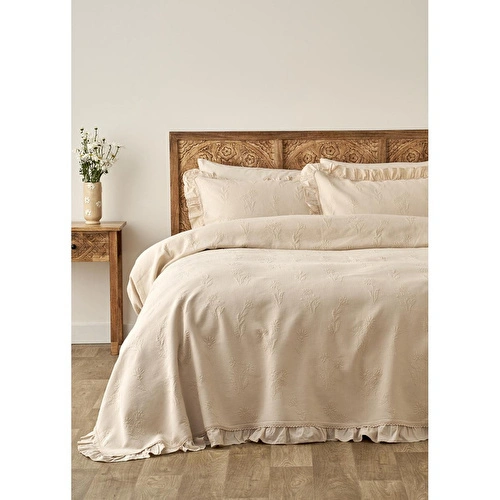 Bella Maison %100 Pamuk Daisy Jakarlı Çift Kişilik Yatak Örtüsü Seti Bej (240x260 Cm) Bej
