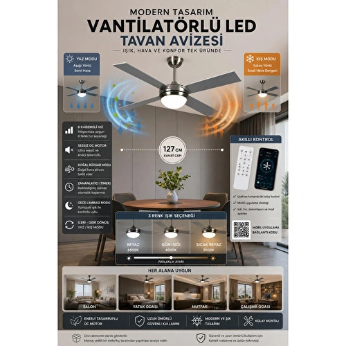Apliqa Ellis 4'lü Modern Tasarım Tavan Vantilatörü Led Avize Kumandalı Mobil Uygulamalı 3 Renk Aydınlatma Sessiz Dc Motor