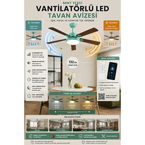 Apliqa Veyla Yeşil 5'li Modern Ahşap Detaylı Tavan Vantilatörü Led Avize Kumandalı Mobil Uygulamalı 3 Renk Aydınlatma Sessiz Dc Motor