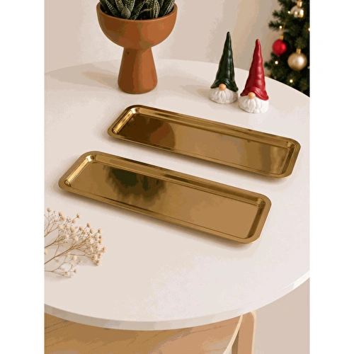 Beige & Stone 2'li Gold Renk Paslanmaz Çelik Dikdörtgen Sunum Ve Servis Tabağı Seti 33x13 Cm Kahvaltılık Pasta Meze İkram Tabağı
