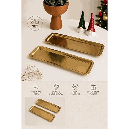 Beige & Stone 2'li Gold Renk Paslanmaz Çelik Dikdörtgen Sunum Ve Servis Tabağı Seti 33x13 Cm Kahvaltılık Pasta Meze İkram Tabağı