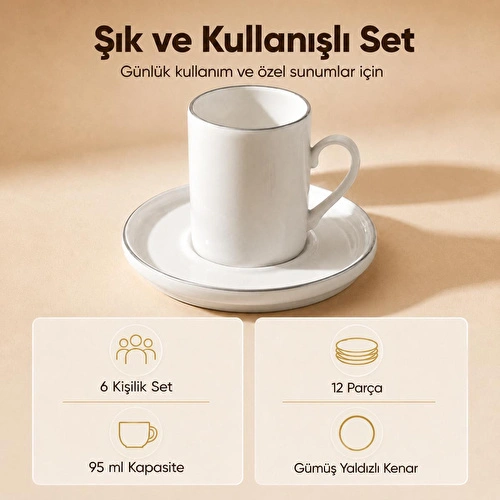 Vienev Porselen 6 Kişilik Kahve Fincan Takımı 12 Parça Sade Kahve Seti