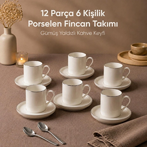 Vienev Porselen 6 Kişilik Kahve Fincan Takımı 12 Parça Sade Kahve Seti