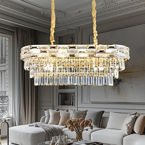 Apliqa Dolares Sıralı 40 Watt Dikdörtgen Gold Kristal Taşlı Yemek Masası Üstü, Salon Avize