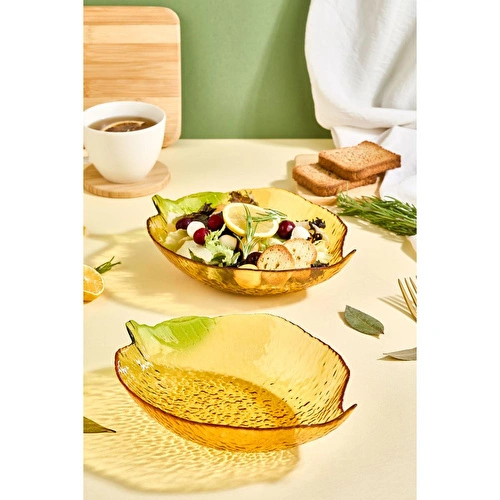 Lora Bianca Citrus 2'li Büyük Limon Formlu Cam Salata/meze Sunum Kasesi Seti