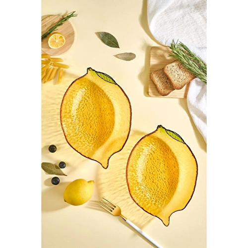 Lora Bianca Citrus 2'li Büyük Limon Formlu Cam Salata/meze Sunum Kasesi Seti