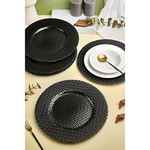 Lora Bianca Onyx 6'lı Siyah Cam Supla Tabak Seti 32 Cm