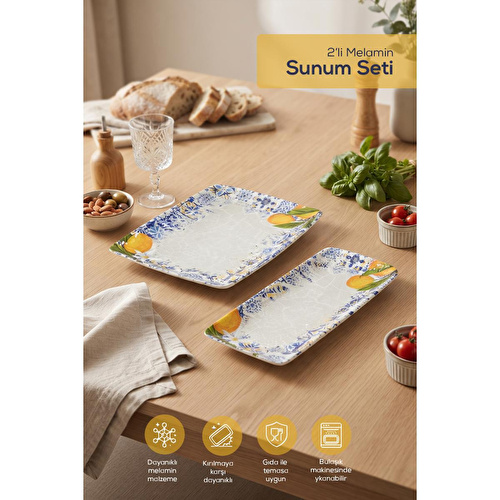 Vienev 2 Adet Melamin Sunum Tabağı Seti, Sunum Tabağı,servis Tabağı-desenli Kırılmaz Servis Tabağı- Limon