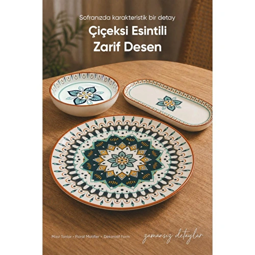 Vienev Safir Desenli 14 Parça 6 Kişilik Seramik Kahvaltı Takımı Servis Sunum Tabaklı Dekoratif Sofra Seti