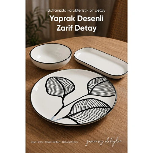 Vienev Siyah Yaprak Desenli 14 Parça 6 Kişilik Seramik Kahvaltı Takımı Servis Sunum Tabaklı Dekoratif Sofra Seti