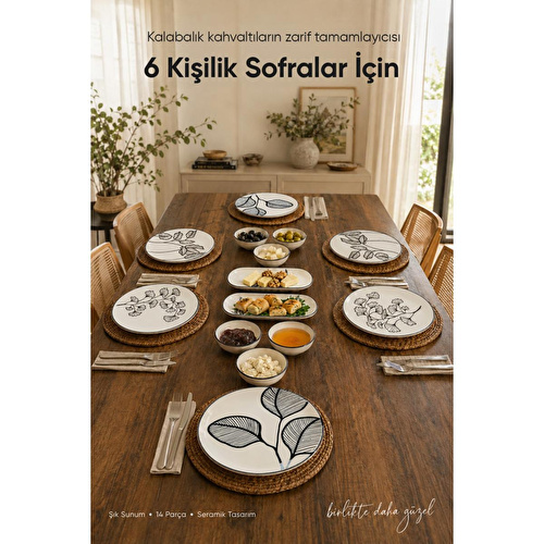 Vienev Siyah Yaprak Desenli 14 Parça 6 Kişilik Seramik Kahvaltı Takımı Servis Sunum Tabaklı Dekoratif Sofra Seti
