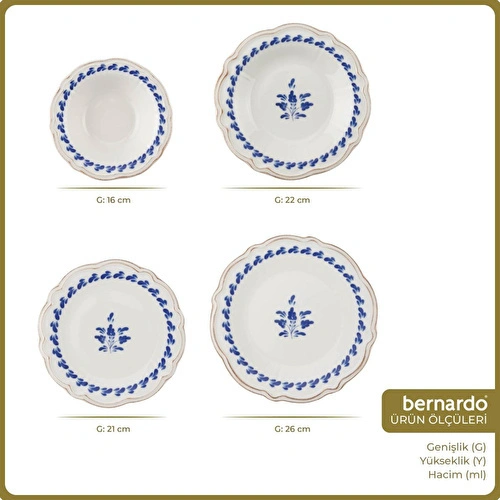 Bernardo Blue Flower Porselen 24 Parça 6 Kişilik Yemek Takımı