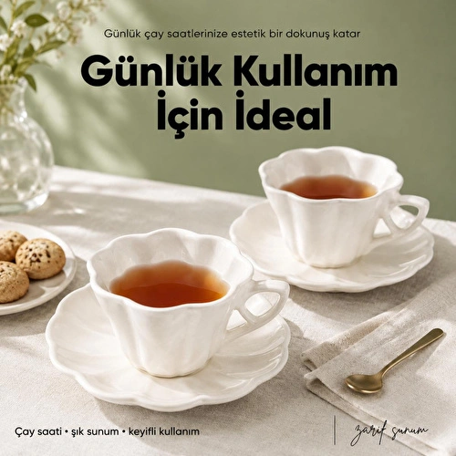 Vienev 2'li Çiçek Şekilli Seramik Çay Fincanı Seti 150 Cc Beyaz