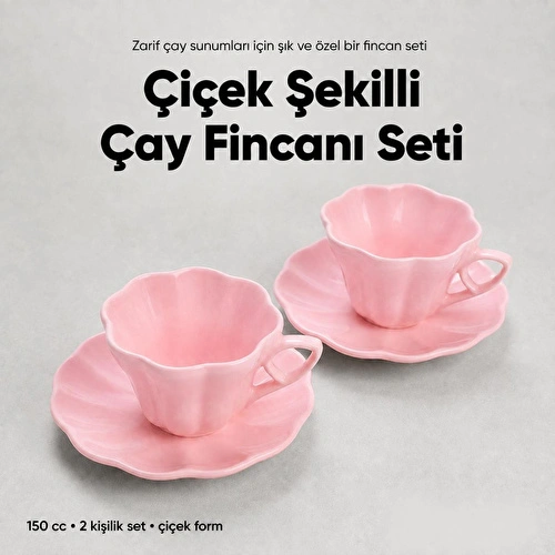 Vienev 2'li Çiçek Şekilli Seramik Çay Fincanı Seti 150 Cc Pembe