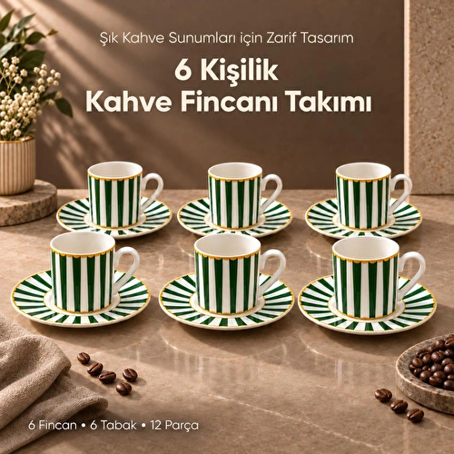 Vienev 6 Kişilik Yeşil Çizgili Porselen Kahve Fincanı Takımı 12 Parça Altın Yaldız Detaylı Şık Sunum Seti