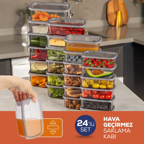 Vienev 24'lü Hava Geçirmez Saklama Kabı Seti Antrasit 6x(250-500-750-1200 Ml)