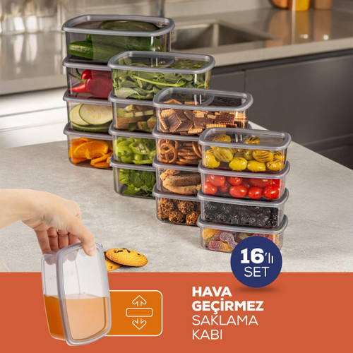 Vienev 16'lı Hava Geçirmez Saklama Kabı Seti Antrasit 4x(250-500-750-1200 Ml)