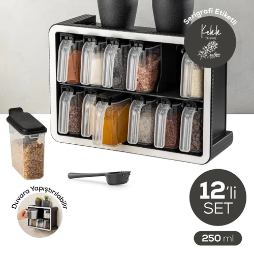 Vienev Beyaz Serigrafi Etiketli 12'li 250 Ml Standlı Kendinden Yapışkanlı Kaşıklı Baharatlık Seti Siyah