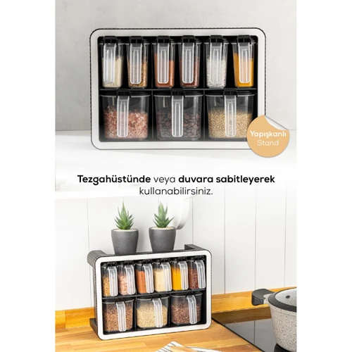 Vienev Beyaz Serigrafi Etiketli 12'li 250 Ml Standlı Kendinden Yapışkanlı Kaşıklı Baharatlık Seti Siyah