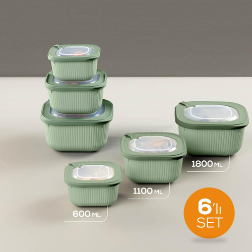 Vienev 6'lı 2x(600-1100-1800 Ml) Mikrodalga Ve Difrize Uygun Vip Kapaklı Özel Saklama Kabı Seti Yeşil