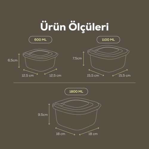 Vienev 6'lı 2x(600-1100-1800 Ml) Mikrodalga Ve Difrize Uygun Vip Kapaklı Özel Saklama Kabı Seti Yeşil