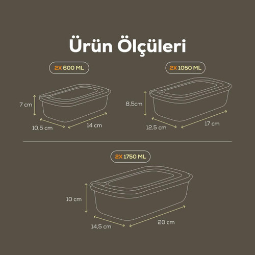 Vienev 6'lı Vip Dikdörtgen Mikrodalga Ve Difrize Uygun Saklama Kabı Seti Bej 2x(1750,1050,600 Ml)