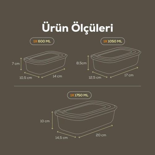 Vienev 3'lü Vip Dikdörtgen Mikrodalga Ve Difrize Uygun Saklama Kabı Seti Gri 1x(1750,1050,600 Ml)