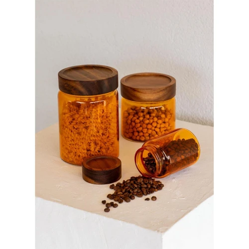 The Mia Akasya Yuvarlak Cam Kavanoz Amber 850 Ml