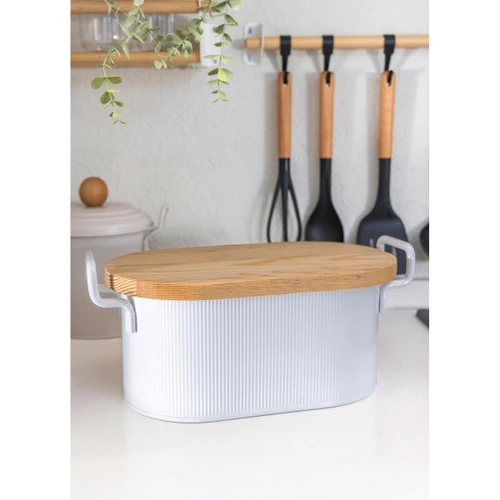 The Mia Stripe Ahşap Kapaklı Ekmek Saklama Kutusu Beyaz 40x22x18 Cm