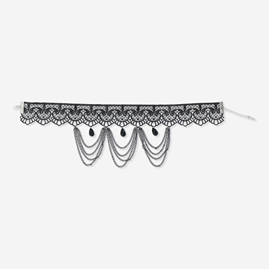 Flying Tiger Copenhagen Dantelli ve Taşlı Siyah Choker