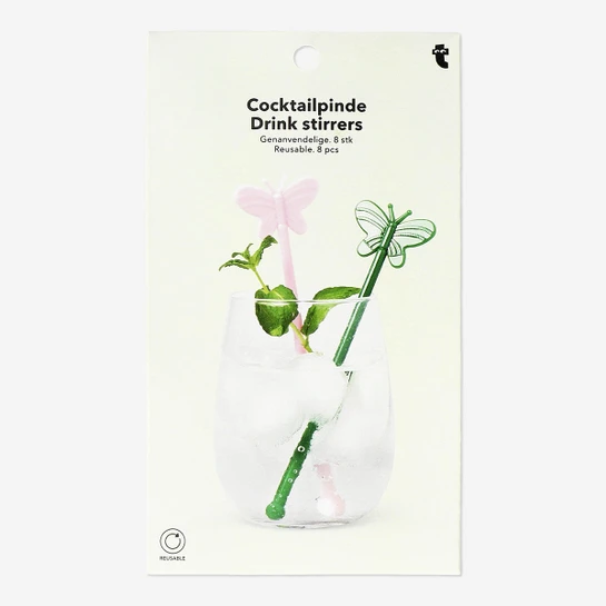 Flying Tiger Copenhagen 8'li Pembe Kelebek Detaylı Plastik Kokteyl Karıştırıcı Seti