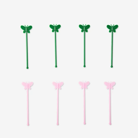 Flying Tiger Copenhagen 8'li Pembe Kelebek Detaylı Plastik Kokteyl Karıştırıcı Seti