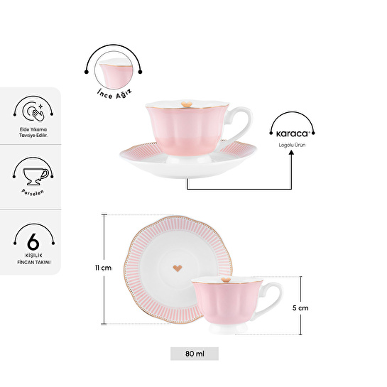 Karaca Piraye Kalp Figürlü Pembe 6 Kişilik Kahve Fincan Takımı 80 ml