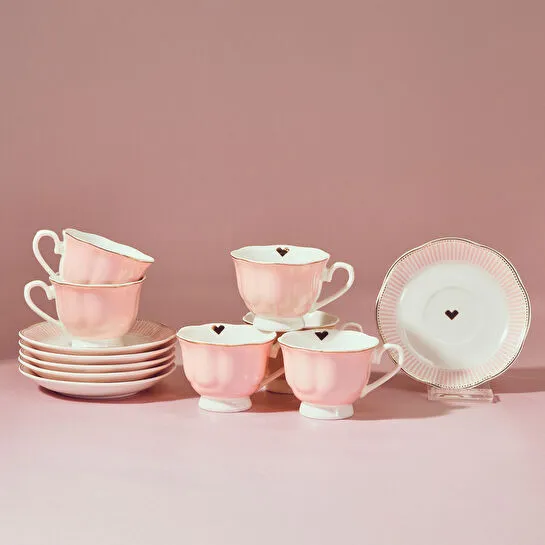 Karaca Piraye Kalp Figürlü Pembe 6 Kişilik Kahve Fincan Takımı 80 ml