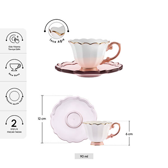 Karaca Samo 2 Kişilik Akrilik Tabaklı Pembe Kahve Fincan Takımı 90 ml