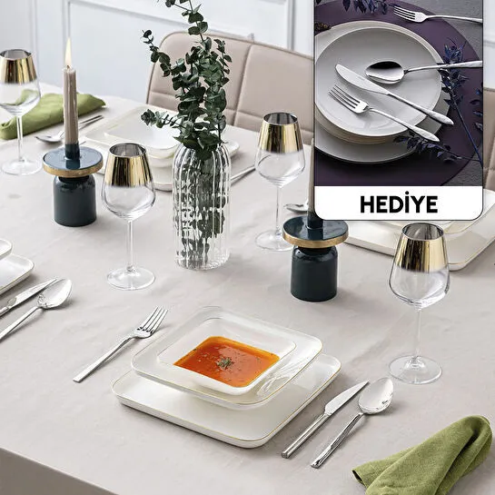 İstanbul Porselen Nadide 18 Parça 6 Kişilik Kare Yemek Takımı Gold