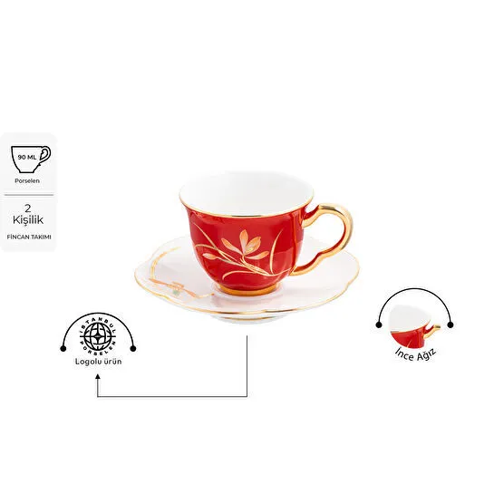 İstanbul Porselen Berin 2 Kişilik Kahve Fincan Takımı Kırmızı 90 ml
