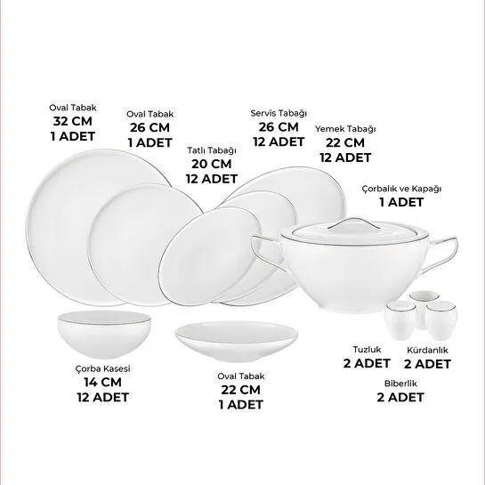 Emsan Fine Bone Freya 60 Parça 12 Kişilik Yuvarlak Yemek Takımı Platin 