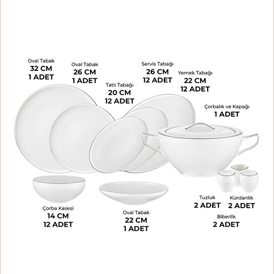 Emsan Fine Bone Freya 60 Parça 12 Kişilik Yuvarlak Yemek Takımı Platin